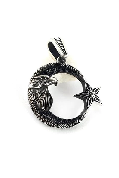 Oniks Taşlı Kartal Figürlü 925Ayar Gümüş Tasarım Ay Yıldız Kolye Ucu ürün görseli