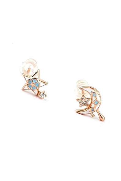 Mineli 925 Ayar Gümüş Üzerine Rose Altın Kaplama Ay Yıldız Figürlü Çocuk Küpesi ürün görseli