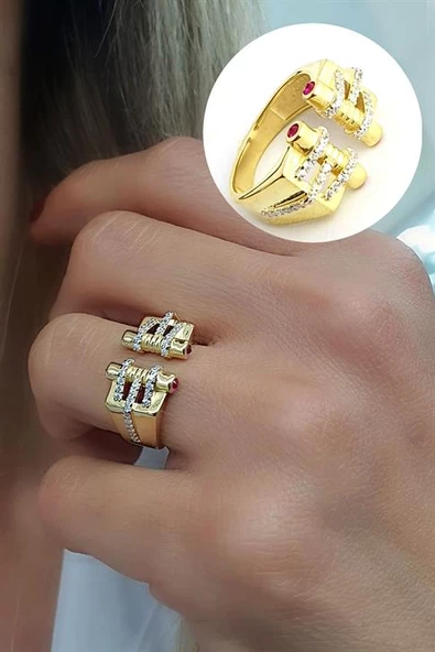 Zirkon Taş Detaylı 925Ayar Gümüş Üzerine Altın Kaplama Luxury Tasarım Ayarlanabilir Yüzük ürün görseli