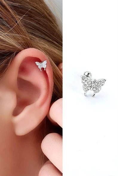 Zirkon Taş Detaylı Kelebek Figürlü 925Ayar Gümüş Tragus Helix Kikirdak Piercing ürün görseli