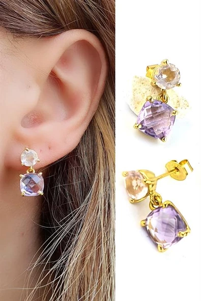 Pembe Kuvars Taşlı 925Ayar Gümüş Üzerine Altın Kaplama Tasarım Doğal Taş Küpe ürün görseli