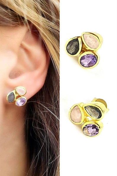 Pembe Kuvars Labrodorite Ve Ametist Taşlı 925Ayar Gümüş Üzerine Altın Kaplama Tasarım Doğal Taş Küpe ürün görseli