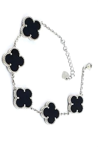 İtalyan Tasarımı 925Ayar Gümüş Oniks Taşlı Yonca Bileklik ürün görseli