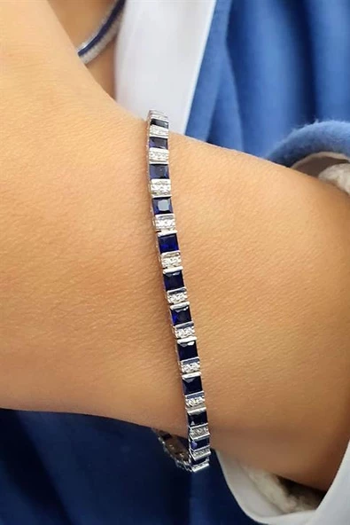 Lacivert Zirkon Taşlı 925Ayar Gümüş  Luxury Tasarım Su Yolu Bileklik ürün görseli