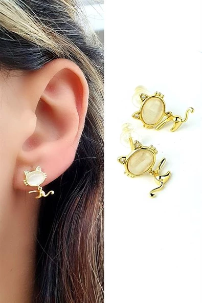 Sedef Taşlı 925Ayar Gümüş Üzerine Altın Kaplama Hareketli Tasarım Kedi Küpe ürün görseli