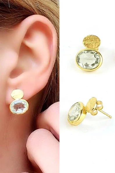 Mavi Topaz Taşlı 925 Ayar Gümüş Üzerine Altın Kaplama Tasarım Doğal Taş Küpe