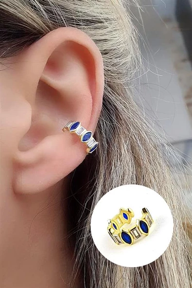 Lacivert Zirkon Taşlı 925Ayar Gümüş Üzerine Altın Kaplama Luxury Tasarım Sıkıştırmalı Kıkırdak Küpesi ürün görseli