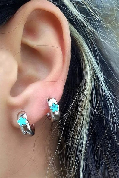 İtalyan Tasarımı 925Ayar Gümüş Turkuaz Taşlı Halk Küpe ürün görseli