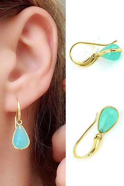 Kalsedon   Taşlı 925Ayar Gümüş Üzerine Altın Kaplama Tasarım Damla Doğal Taş Küpe ürün görseli