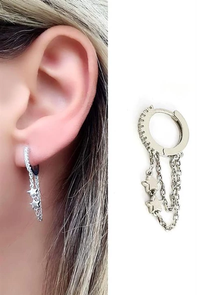 Halkası Zirkon Taş Detaylı Yıldız Figürlü  925 Ayar Gümüş Tek Zincirli Halka Küpe ürün görseli