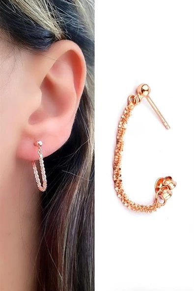 Italyan 925Ayar Gümüş Rose Altın Kaplama Tasarım Zincir Tek Küpe ürün görseli