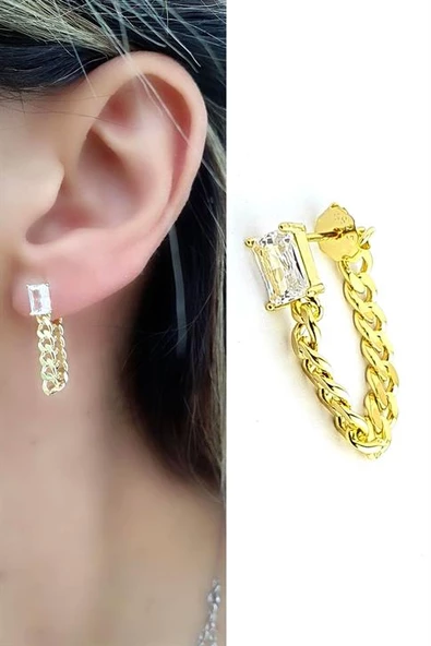 Baget Zirkon Taşlı 925Ayar Gümüş Üzerine Altın Kaplama Zincir Tek Küpe ürün görseli