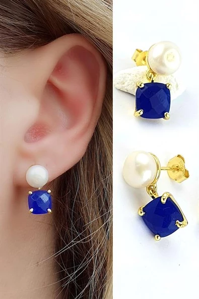 İnci Ve Lapis Lazuli Taşlı 925Ayar Gümüş Üzerine Altın Kaplama Tasarım Doğal Taş Küpe ürün görseli