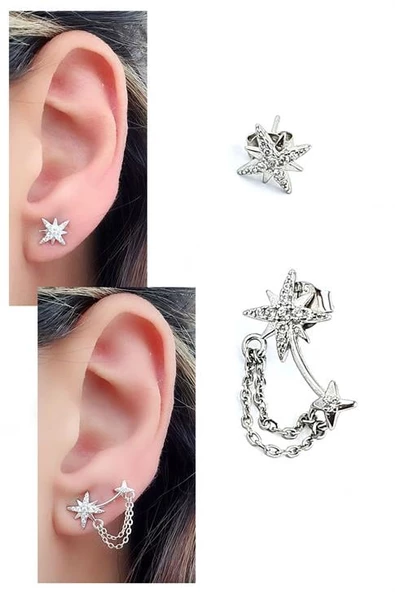 Pırlanta Parlaklığında Zirkon Taşlı 925Ayar Gümüş Rose Tasarım Asimetrik Küpe ürün görseli