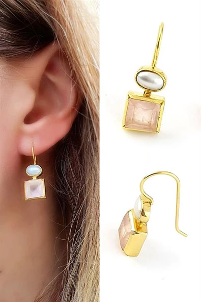 İnci Ve Pembe Kuvars Taşlı 925Ayar Gümüş Üzerine Altın Kaplama Tasarım Doğal Taş Küpe ürün görseli