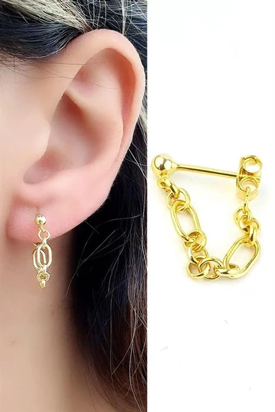 925 Ayar Gümüş Üzerine Altın Kaplama Zincir Detaylı Tek Küpe ürün görseli