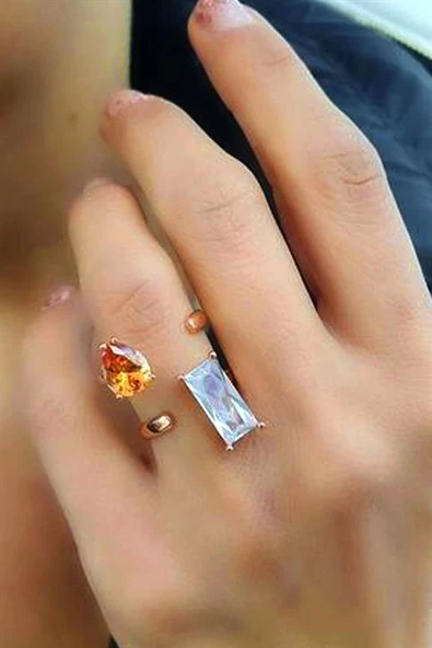 Zirkon Ve Sitrin Taşlı 925Ayar Gümüş Üzerine Rose Altın Kaplama Ayarlanabilir Tasarım Yüzük ürün görseli