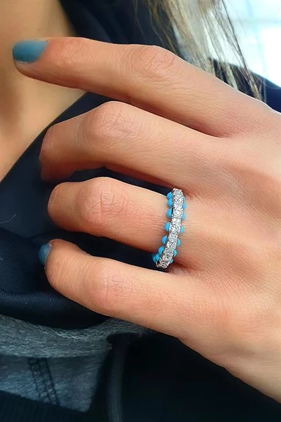 Mavi  Mineli Pırlanta Parlaklığında Zirkon Taşlı 925Ayar Gümüş Tasarım Sırataş Yüzük ürün görseli