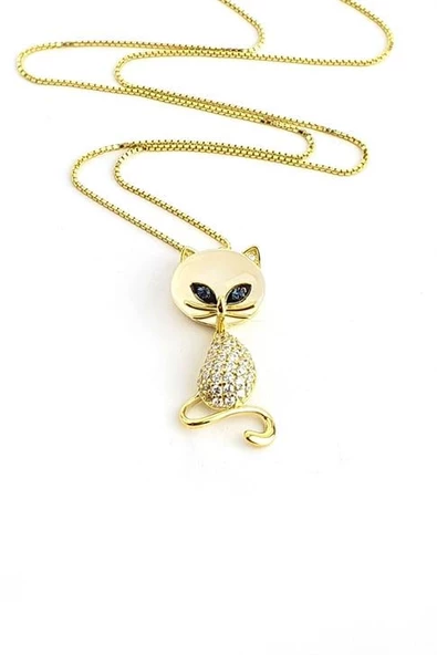 Sedef Zirkon Taş Detaylı 925Ayar Gümüş Üzerine Altın Kaplama Hareketli Tasarım Kedi Kolye ürün görseli