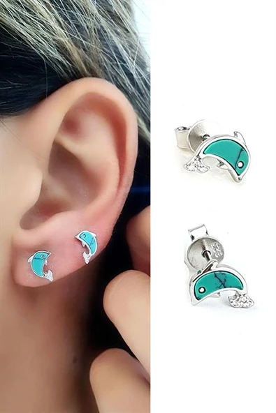 Yunus Figürlü İtalyan Tasarımı 925Ayar Gümüş Turkuaz Taşlı Tasarımı Küpe ürün görseli