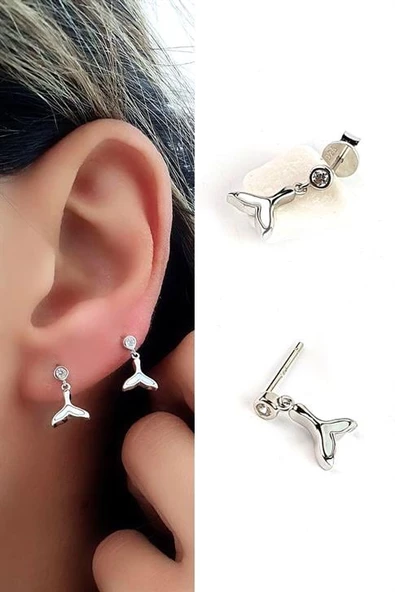 İtalyan Tasarımı 925Ayar Gümüş Sedef  Taşlı Balık Kuyruğu Minimal Küpe ürün görseli