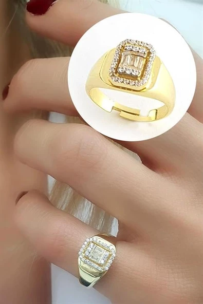 Baget Zirkon Taşlı 925Ayar Gümüş Üzerine Altın Kaplama Luxury Tasarım Ayarlanabilir Şovalye Yüzük ürün görseli