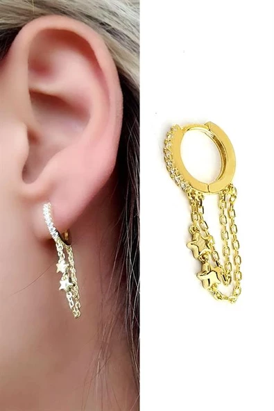 Halkası Zirkon Taş Detaylı Yıldız Figürlü  925 Ayar Gümüş Üzerine Altın Kaplama Zincirli Tek Halka Küpe ürün görseli