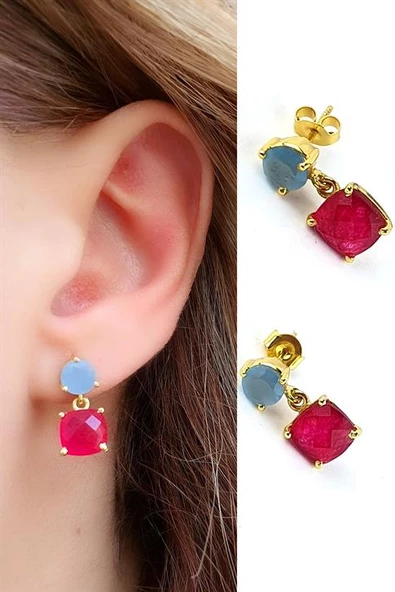 Kalsedon Ve Kök Yakut Taşlı 925Ayar Gümüş Üzerine Altın Kaplama Tasarım Doğal Taş Küpe ürün görseli