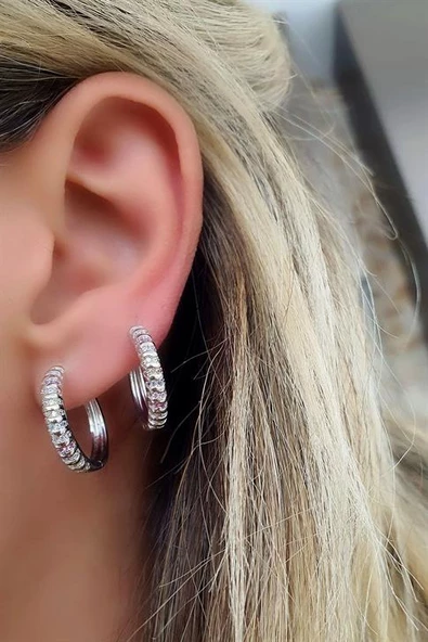 Renkli Zirkon Taşlı 925Ayar Gümüş İtalyan Tasarımı Halka Küpe ürün görseli