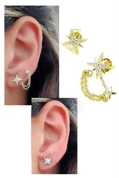 Pırlanta Parlaklığında Zirkon Taşlı 925Ayar Gümüş Altın Kaplama Tasarım Asimetrik Küpe ürün görseli