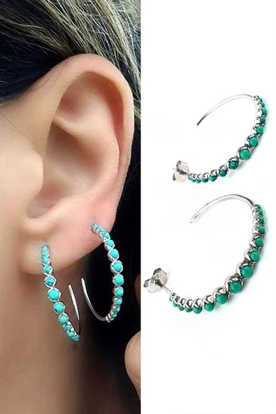 İtalyan Tasarımı 925Ayar Gümüş Turkuaz Taşlı Yarım Halka Küpe Özel Seri ürün görseli