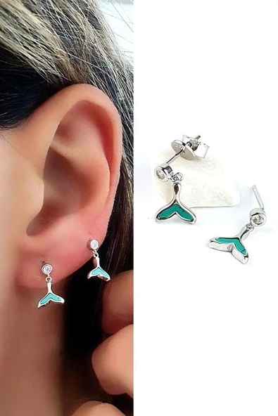 İtalyan Tasarımı 925Ayar Gümüş Turkuaz Taşlı Balık Kuyruğu Minimal Küpe ürün görseli