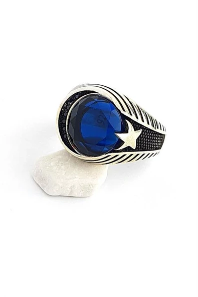 Oniks Taş Detaylı Lacivert Zirkon Taşlı 925Ayar Gümüş Ay Yıldız Erkek Yüzük ürün görseli