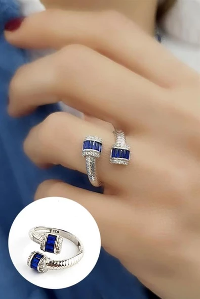 Baget Lacivert Zirkon Taşlı 925Ayar Gümüş Luxury Tasarım Ayarlanabilir Yüzük ürün görseli