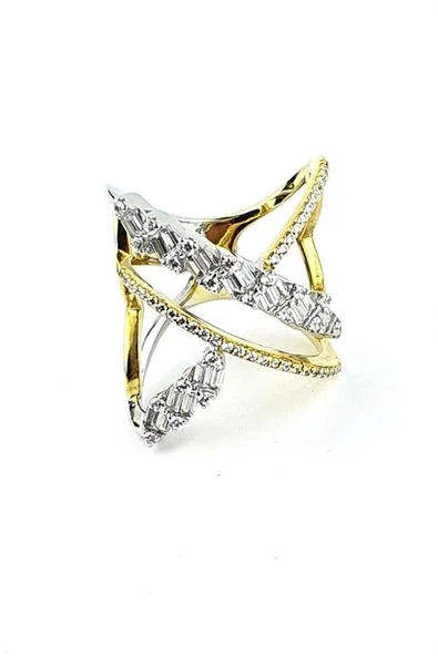 Baget Zirkon Taşlı İtalyan Tasarımı 925Ayar Gümüş Üzerine Altın Kaplama Çift Renkli Tasarım Yüzük ürün görseli