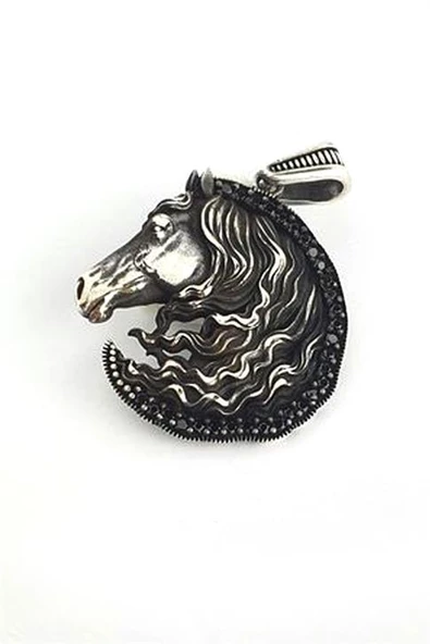 Oniks Taş Detaylı 925 Ayar Gümüş At Figürlü Kolye Ucu ürün görseli