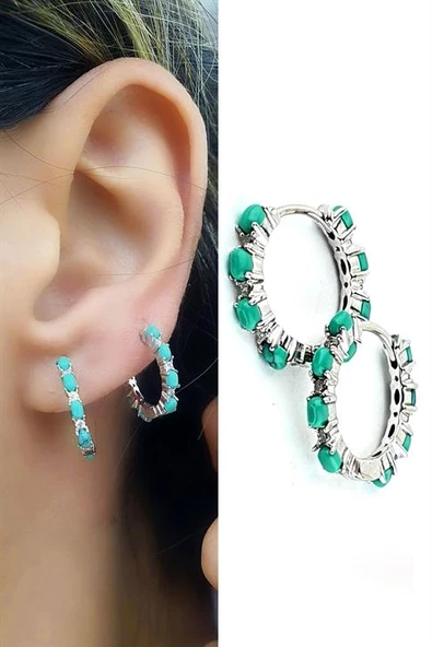 İtalyan Tasarımı 925Ayar Gümüş Turkuaz Taşlı Halka Küpe ürün görseli