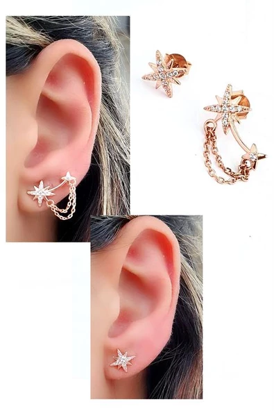 Pırlanta Parlaklığında Zirkon Taşlı 925Ayar Gümüş Rose Tasarım Asimetrik Küpe ürün görseli