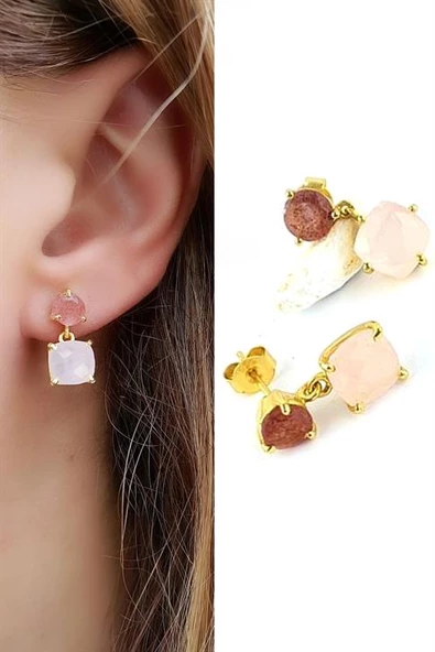 Pembe Kuvars Ve Pembe Turmalin Taşlı 925Ayar Gümüş Üzerine Altın Kaplama Tasarım Doğal Taş Küpe ürün görseli