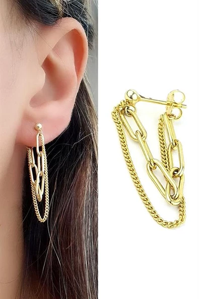 İtalyan 925Ayar Gümüş Üzerine  Altın Kaplama Trend Tek Zincir Küpe ürün görseli