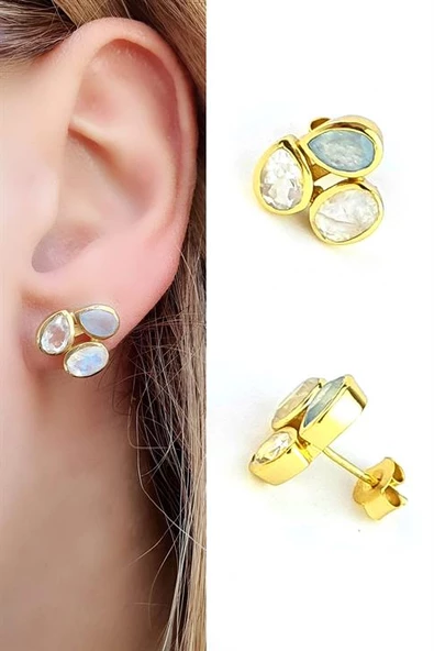 Zirkon  Labrodorite Ve Kalsedon Taşlı 925Ayar Gümüş Üzerine Altın Kaplama Tasarım Doğal Taş Küpe ürün görseli