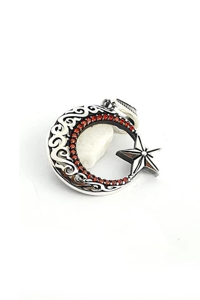 Granat Taşlı 925Ayar Gümüş Ay Yıldız Kolye Ucu ürün görseli