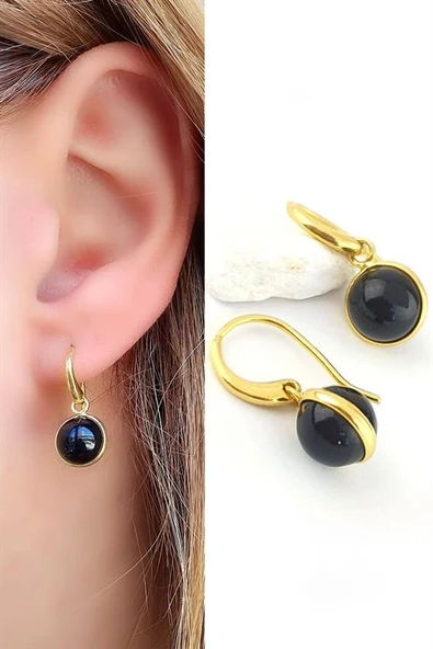 Oniks Taşlı 925Ayar Gümüş Üzerine Altın Kaplama Sallantılı Top Küpe ürün görseli