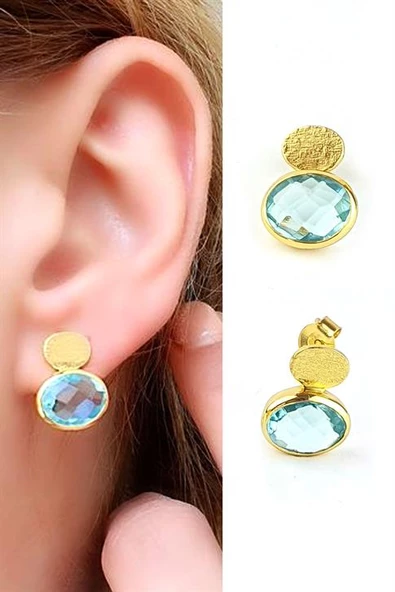 Aquamarin Taşlı 925 Ayar Gümüş Üzerine Altın Kaplama Tasarım Doğal Taş Küpe ürün görseli