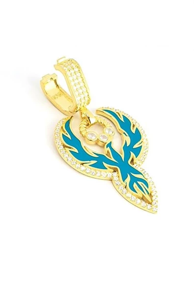 Turkuaz Mineli 925Ayar Gümüş Üzerine Altın Kaplama Anka Kuşu Luxury Tasarım Kolye Ucu ürün görseli