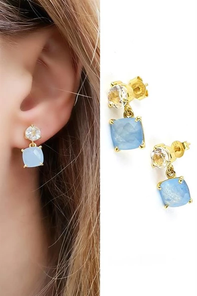 Sitrin Ve Kalsedon Taşlı 925Ayar Gümüş Üzerine Altın Kaplama Tasarım Doğal Taş Küpe ürün görseli