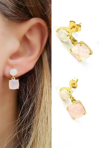 Ay Taşlı Ve Pembe Kuvars Taşlı 925Ayar Gümüş Üzerine Altın Kaplama Tasarım Doğal Taş Küpe ürün görseli