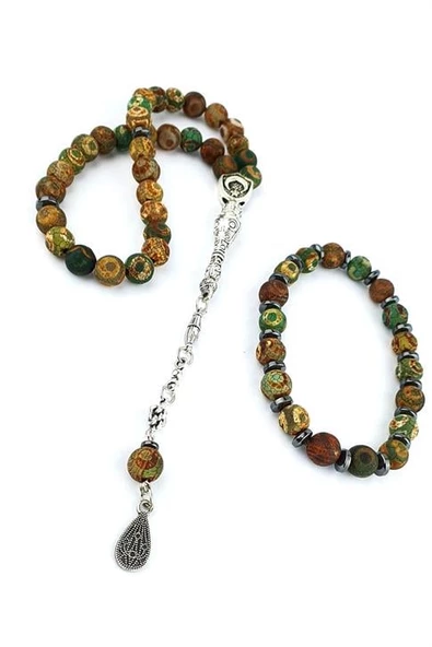 Çelik Püsküllü Tasarım Tibet Akik Tesbih Bileklik Kombin ürün görseli