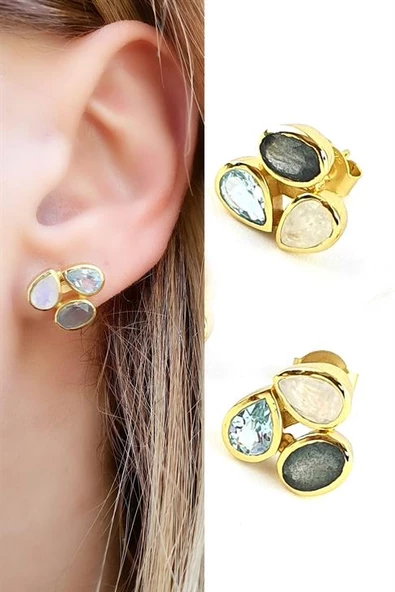 Labrodorite Aquamarin Ve Ay Taşlı 925Ayar Gümüş Üzerine Altın Kaplama Tasarım Doğal Taş Küpe ürün görseli