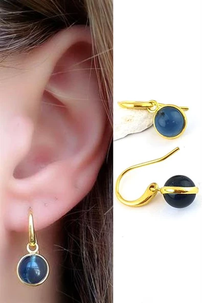 Mavi Topaz Taşlı 925Ayar Gümüş Üzerine Altın Kaplama Sallantılı Top Küpe ürün görseli